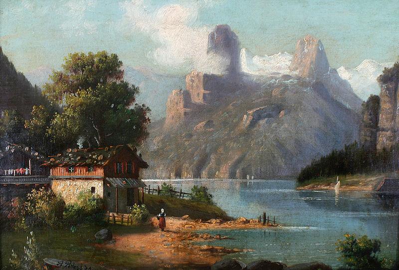August Peters Cottage with lake and mountains Spain oil painting art